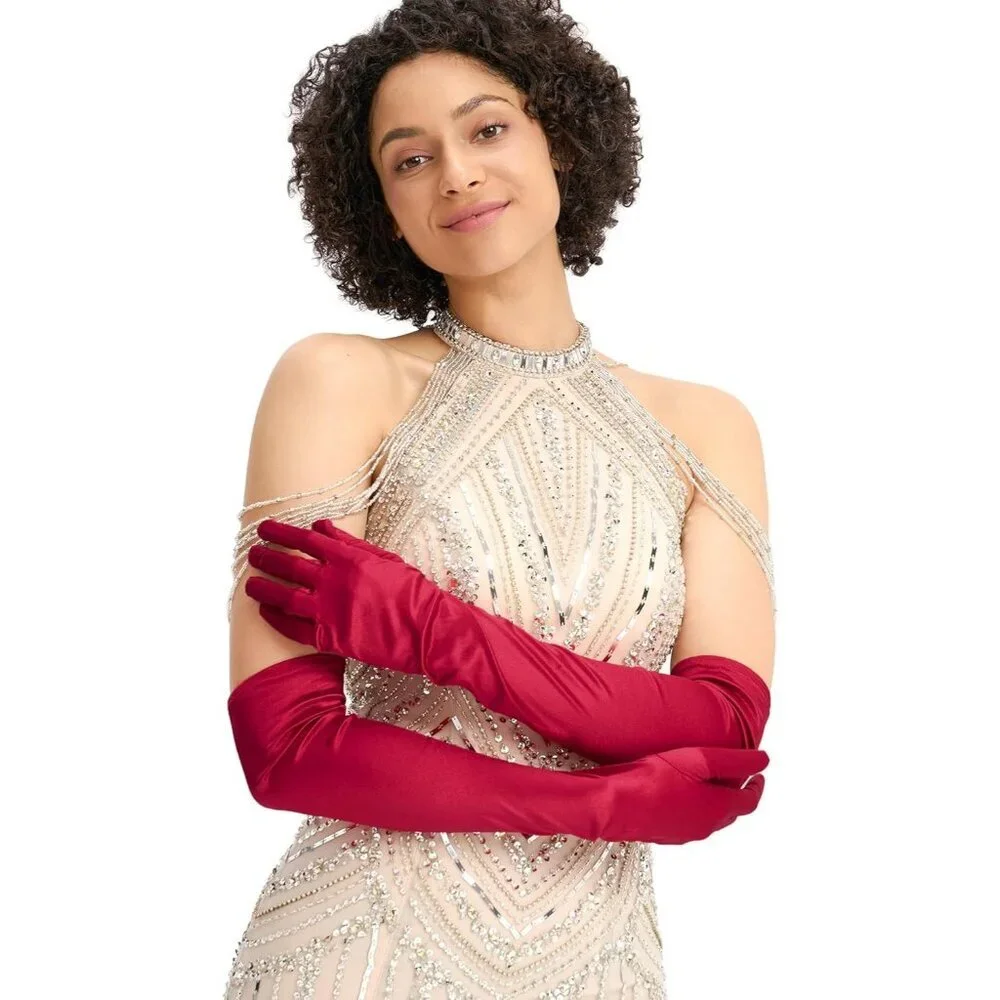Women's Evening Burgundy Long Satin Gloves Elbow Length Formal Party Prom Wear